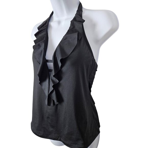 Kona Sol Womens Black Ruffled Halter Tankini Swim Top Strappy Front Size M 8-10 - Picture 4 of 9